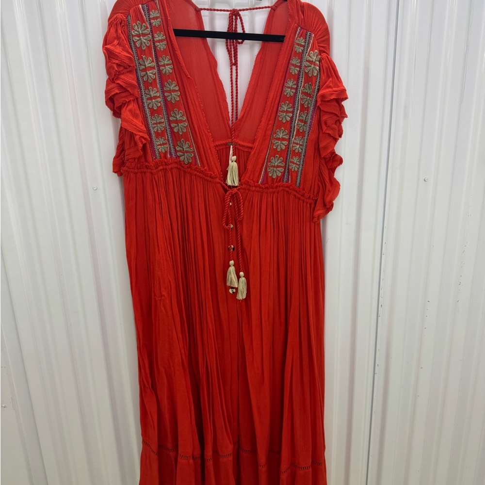Free People Red Embroidered Maxi Dress with Tassels